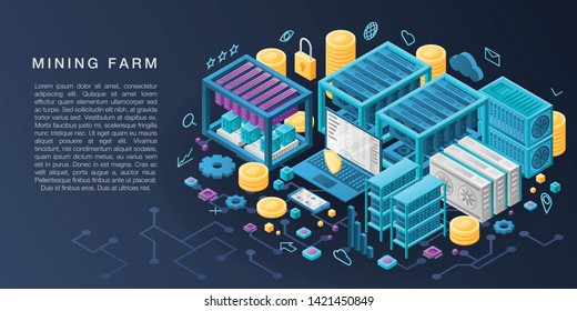 Mining farm concept banner. Isometric illustration of mining farm vector concept banner for web design