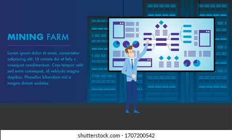 Mining Farm. Crypto Currency Analytics and Monitoring Technology. Modern Blockchain Financial Datacenter Concept with Security Digital Coin Transfer. Man Character Analyze Statistic.