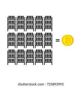 Mining farm. Extraction of Cryptocurrency. Stand gpu. Technology for obtaining bitcoin and etherium. data center. Vector illustration
