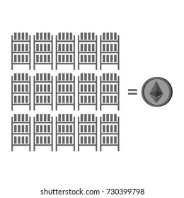 Mining farm. Extraction of Cryptocurrency. Stand gpu. Technology for obtaining bitcoin and etherium. data center. Vector illustration