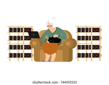 Mining farm and Grandmother. Cryptocurrency at home. Granny Extraction of virtual money. Vector illustration
