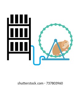 Mining farm and hamster in wheel produces electricity. Home Mining rig. Crypto currency at home. Extraction of virtual money. Vector illustration