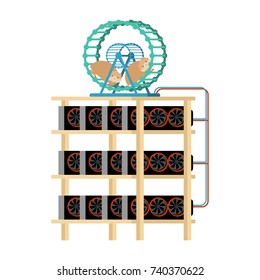 Mining farm and hamster in wheel produces electricity. Home Mining rig. Crypto currency at home. Extraction of virtual money. Vector illustration