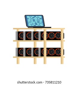 Bergbauernhof einzeln. Bergbauanlage GPU. Kryptowährung zu Hause. Gewinnung von virtuellem Geld. Vektorillustration