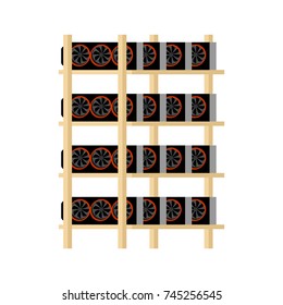 Mining farm isolated. Home Mining rig GPU. Crypto currency at home. Extraction of virtual money. Vector illustration