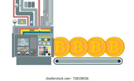 Mining farm. Miner for Bitcoin. Technology Extraction of cryptocurrency. industry is web money. Vector illustration.
