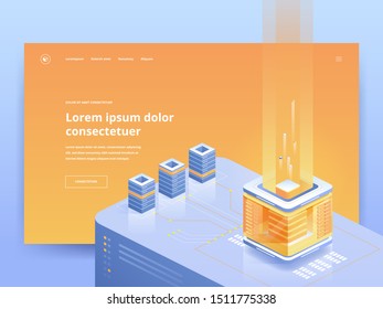 Mining farm orange landing page vector template. Cryptocurrency website homepage UI, UX idea with isometric illustrations. Blockchain technology, electronic commerce web banner bright color 3D concept