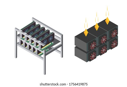 Mining farm process vector set. Symbols and icons of mining farm equipment. Blockchain technologies vector collection for design concept, presentation, business idea. Mining farm vector illustrations.
