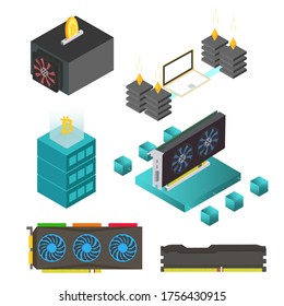 Mining farm process vector set. Symbols and icons of mining farm equipment. Blockchain technologies vector collection for design concept, presentation, business idea. Mining farm vector illustrations.