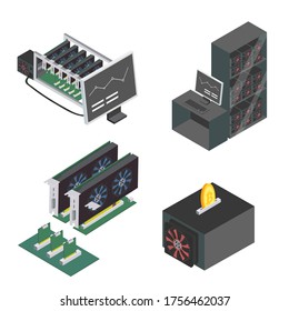 Mining farm process vector set. Symbols and icons of mining farm equipment. Blockchain technologies vector collection for design concept, presentation, business idea. Mining farm vector illustrations.