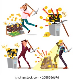 Mining Farm Set Vector. Businessman Miner. Virtual Currency. World Transfer. Datacenter Device. Server Room. Farming Coins. Technology Online. Isolated Flat Cartoon Illustration