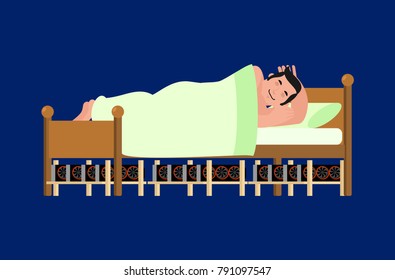 Mining farm under bed. Extraction of crypto-currency. Man is asleep. Vector illustration.
