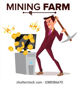 Mining Farm Vector. Businessman Miner. Cryptography Currency. Modern Industry. Server Database. Isolated Flat Cartoon Illustration
