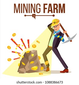 Mining Farm Vector. Businessman Miner. Digital Coin. Component Data. Pay Transaction. Isolated Flat Cartoon Illustration