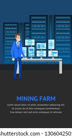 Mining Farm Workplace. Cryptocurrency Startup Investment Marketplace Laboratory. Cryptocoin Market Commerce Information. Security Coin Wallet Server Room. Cryptography Admin Character.