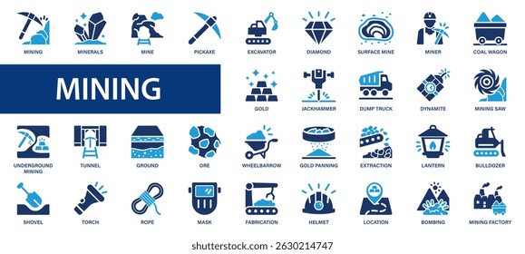 Mining flat icons set. Miner, diamond, gold, hammer, dynamine, tunnel, mine icons and more signs. Flat icon collection.