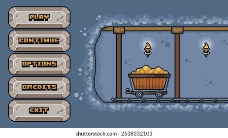 Mining game home menu with stone buttons in pixel art and 8-bit style
