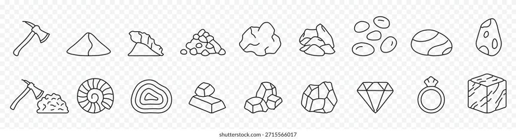 Mineração, geologia e conjunto de ícones de linha de pedra preciosa - símbolos de contorno editáveis de picareta, ouro, minério, cristal, diamante e anel