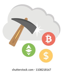 Mining hammer, cloud drawing and digital currency symbol, a well designed icon of cloud mining
