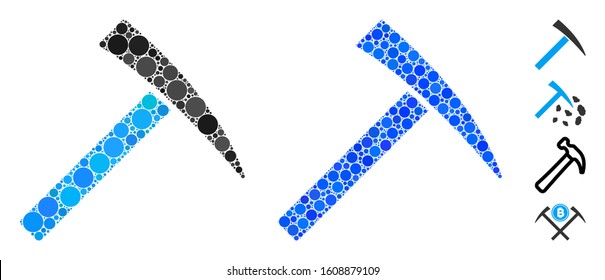 Mining hammer composition of small circles in different sizes and color tints, based on mining hammer icon. Vector small circles are combined into blue composition.