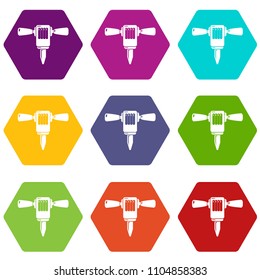 Mining hammer drill icons 9 set coloful isolated on white for web
