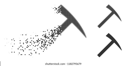 Mining hammer icon in fragmented, pixelated halftone and entire versions. Pixels are grouped into vector dispersed mining hammer icon. Disappearing effect involves rectangular particles.