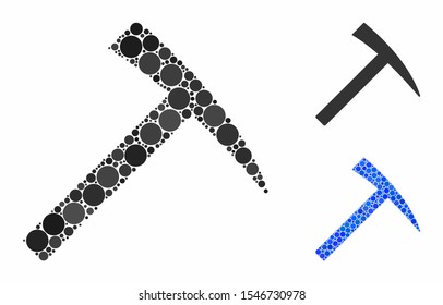 Mining hammer mosaic of circle elements in different sizes and color tints, based on mining hammer icon. Vector round elements are composed into blue mosaic.