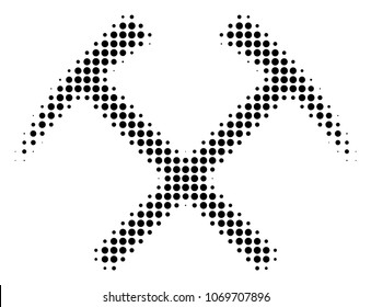 Mining Hammers halftone vector pictogram. Illustration style is dotted iconic Mining Hammers icon symbol on a white background. Halftone texture is round dots.