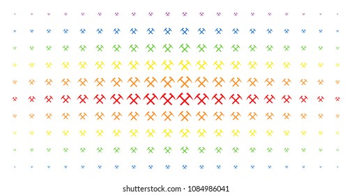 Mining hammers icon spectral halftone pattern. Vector mining hammers symbols are arranged into halftone array with vertical spectrum gradient. Constructed for backgrounds, covers,
