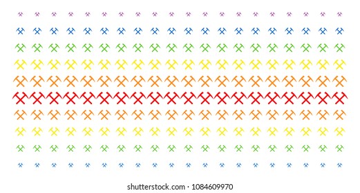 Mining Hammers icon spectrum halftone pattern. Vector pictograms arranged into halftone matrix with vertical spectrum gradient. Constructed for backgrounds, covers, templates and abstract effects.