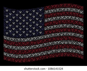 Mining hammers icons are combined into waving USA flag abstraction on a dark background. Vector collage of American state flag is formed from mining hammers items.