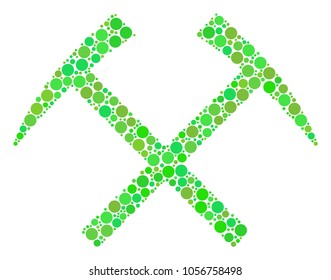Mining Hammers mosaic of filled circles in variable sizes and ecological green color tints. Vector round elements are organized into mining hammers mosaic. Organic vector illustration.