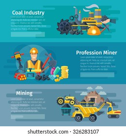 Mining horizontal banner set with coal industry flat elements isolated vector illustration