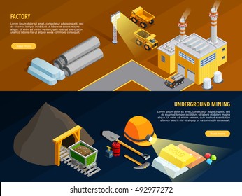 Mining horizontal banners set with underground mining symbols isometric isolated vector illustration 