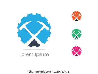 mining icon, car repairing service logo design, hammer in gear icon, mechanic tools vector illustration.