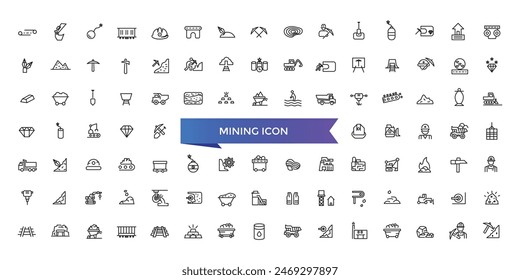 Mining icon collection. Related to minerals, gold, pickaxe, miner, excavator, diamond, coal wagon, jackhammer and gold panning icons.