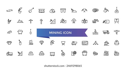 Mining icon collection. Related to minerals, gold, pickaxe, miner, excavator, diamond, coal wagon, jackhammer and gold panning icons.