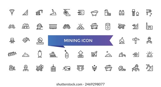 Mining icon collection. Related to minerals, gold, pickaxe, miner, excavator, diamond, coal wagon, jackhammer and gold panning icons.