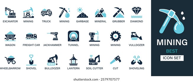 Mining icon set collection. Excavator, mining, truck, garbage, grubber, diamond, wagon, freight car, jackhammer, tunnel and best solid icon set.