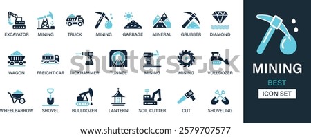 Mining icon set collection. Excavator, mining, truck, garbage, grubber, diamond, wagon, freight car, jackhammer, tunnel and best solid icon set.