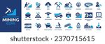 Mining icon set. Containing minerals, gold, pickaxe, miner, excavator, diamond, coal wagon, jackhammer and gold panning icons. Solid icon collection. Vector illustration. 