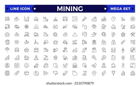 Conjunto de ícones de mineração. Contendo minerais, ouro, picareta, mineiro, escavadora, diamante, vagão de carvão, marreta e ícones de panning ouro. Contornar a coleção de ícones.
