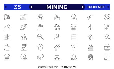 Mining icon set. Containing minerals, gold, pickaxe, miner, excavator, diamond, coal wagon, jackhammer and gold panning icons. Outline icon collection.
