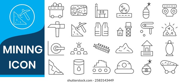 Mining icon set. Containing minerals, gold, pickaxe, miner, excavator, diamond, coal wagon, jackhammer and gold panning icons. Solid icon collection. white background.