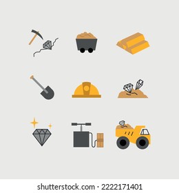 Icono minero juego de camiones de diamantes y oro y equipo de minería