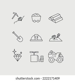 mining icon set diamond and gold trucks and mining equipment