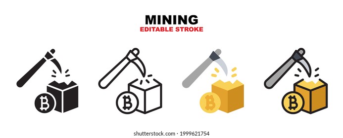 Mining icon set with different styles. Icons designed in filled, outline, flat, glyph and line colored. Editable stroke and pixel perfect. Can be used for web, mobile, ui and more.