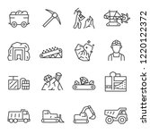 Mining, icon set. Extraction of minerals in the mine and surface, linear icons. Line with editable stroke