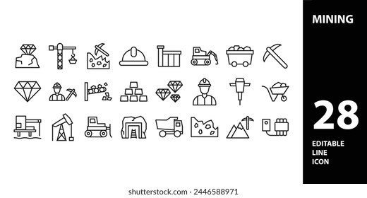 Mining, icon set. Extraction of minerals in the mine and surface, linear icons. Line with editable stroke