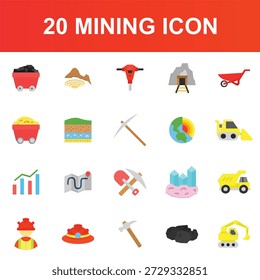 Conjunto de ícones de mineração - ícones de cores planas de escavação, minerais, máquinas pesadas, ferramentas e indústria geológica